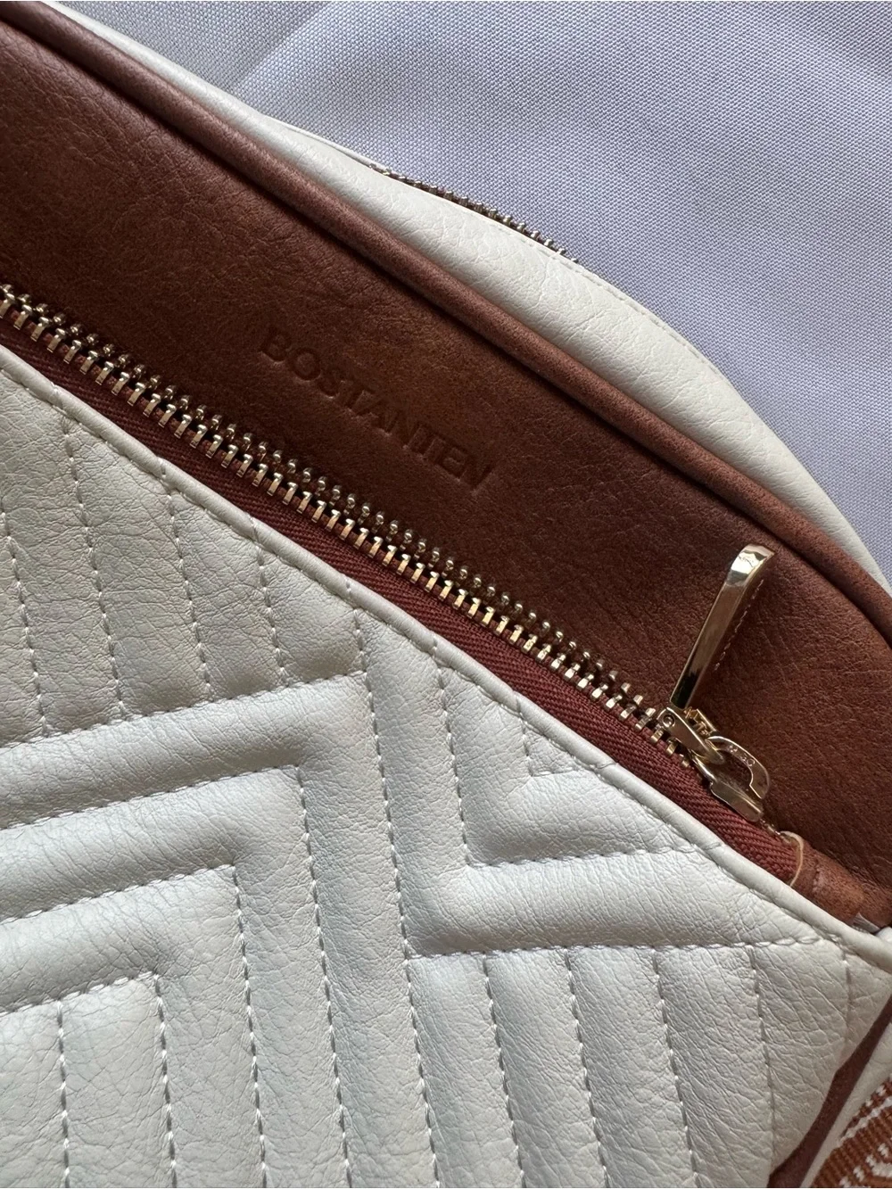 Quilted Cream and Brown Crossbody with Patterned Strap